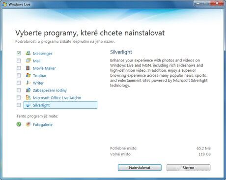 Výběr Windows Live aplikací, které si přejete nainstalovat.