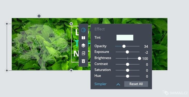 4. Snížili jsme průhlednost objektu „Opacity“ a zvýšili jas „Brightness“